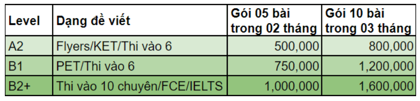 bảng giá chấm writing